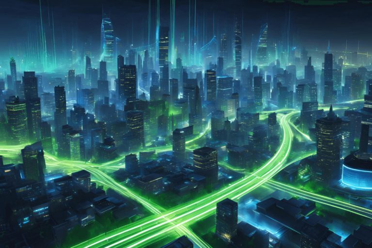 Futuristic cityscape at night with tall skyscrapers illuminated by glowing green highways, creating a high-tech, cyberpunk aesthetic, symbolizing innovation and connectivity in an urban environment.