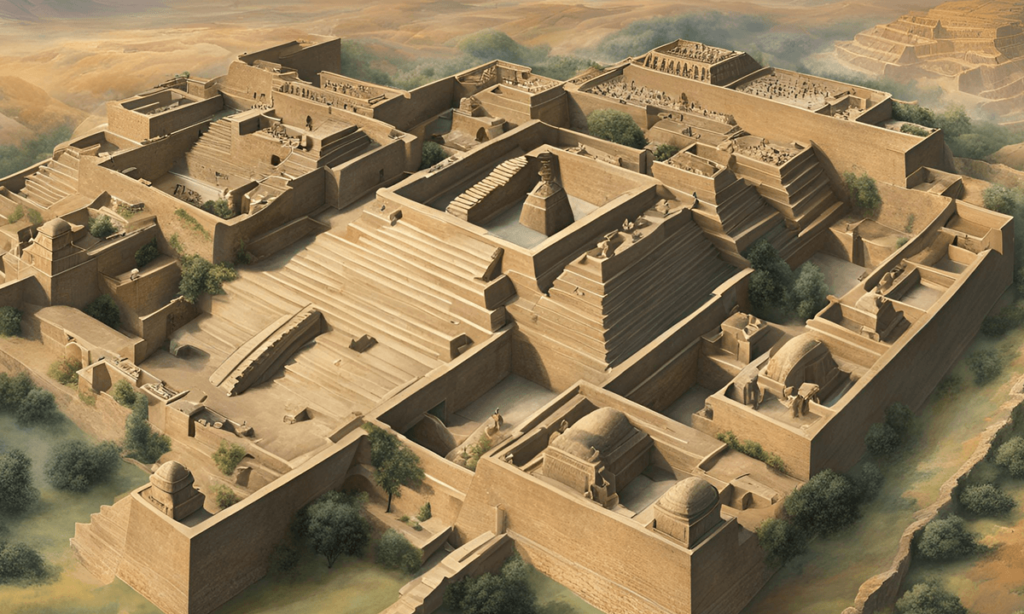 Artistic reconstruction of an ancient Akkadian cityscape, featuring stepped pyramids, terraces, and intricate stone structures, highlighting the architectural ingenuity of the Akkadian civilization.