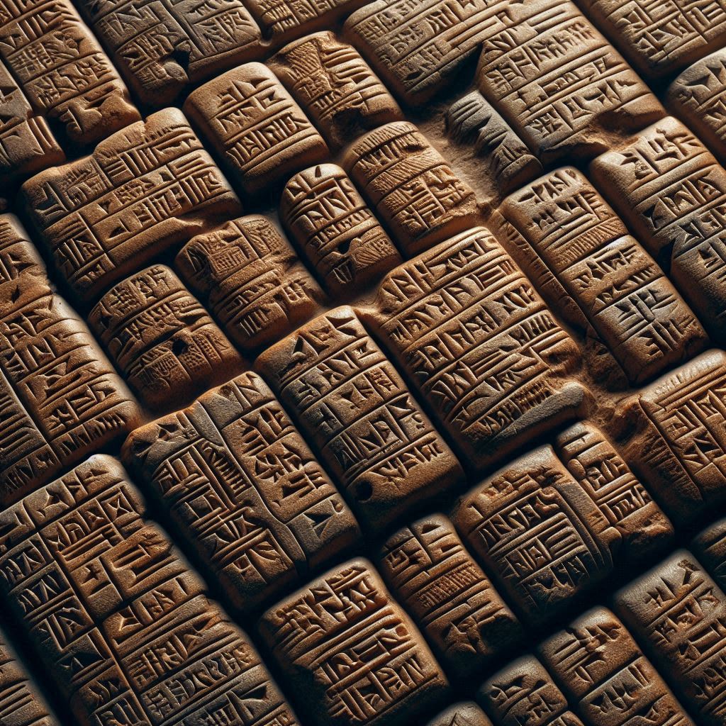 Collection of ancient Mesopotamian clay tablets inscribed with cuneiform script.