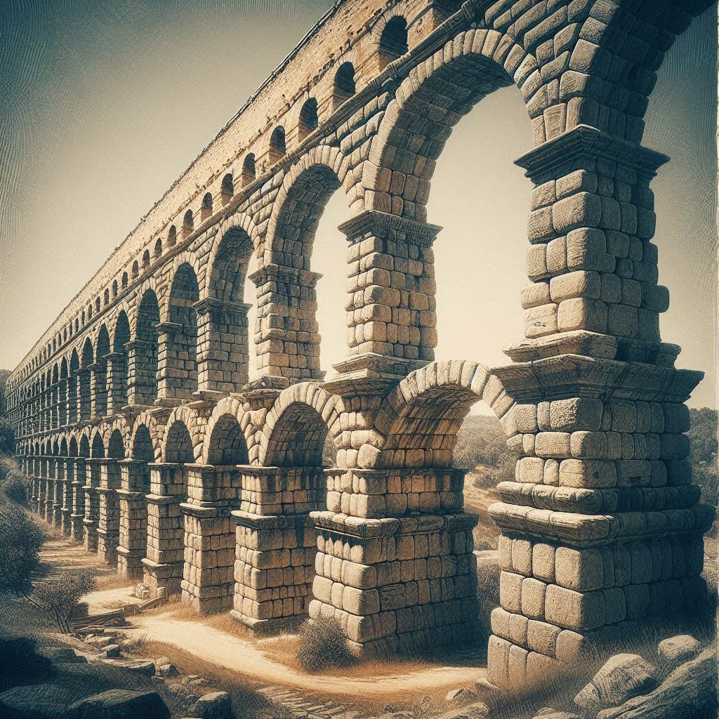 An ancient Roman aqueduct with large stone arches in a Mediterranean landscape.