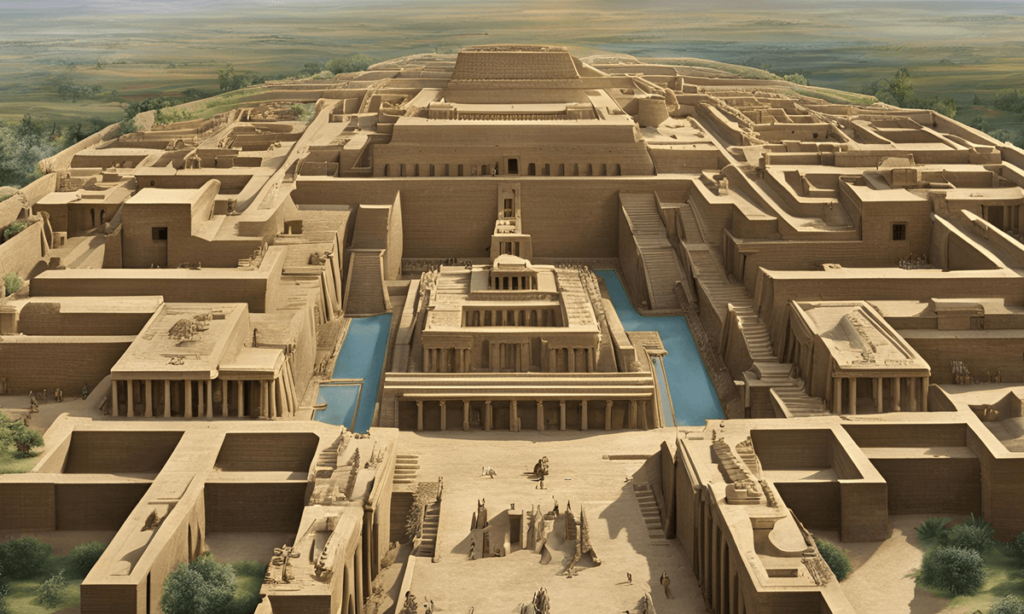 "Ancient Babylonian cityscape, featuring iconic structures such as the Ishtar Gate and the Hanging Gardens, showcasing the architectural grandeur of Babylon.