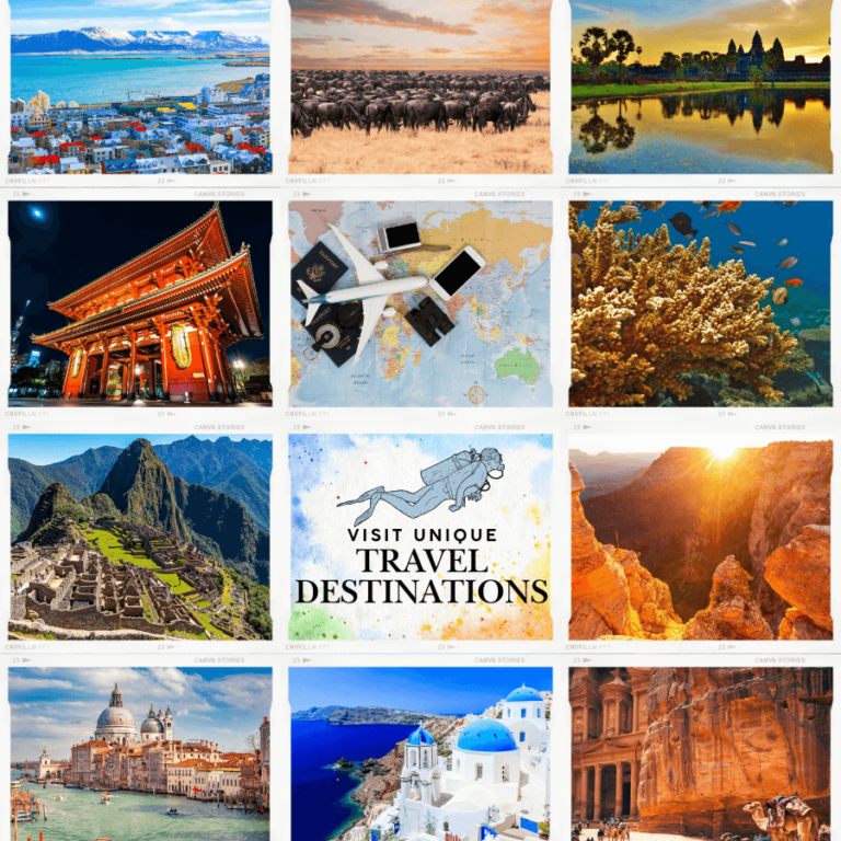 Collage of ten travel destination photographs, including coastal towns, temples, Machu Picchu, coral reefs, and historic cities, representing must-visit locations around the world.