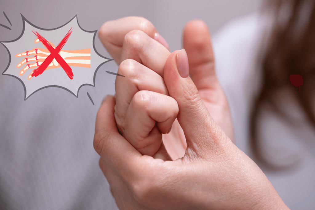 A person cracking their knuckles with an illustration of a hand showing bones and joints, crossed out with a red 'X,' suggesting a warning or myth about knuckle cracking leading to arthritis.