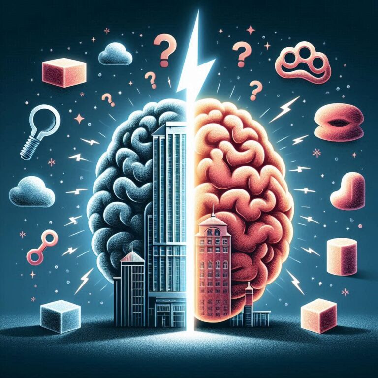 A brain illustration divided in two, with logical symbols on one side and creative symbols on the other, showing the contrast between rational and creative thinking.