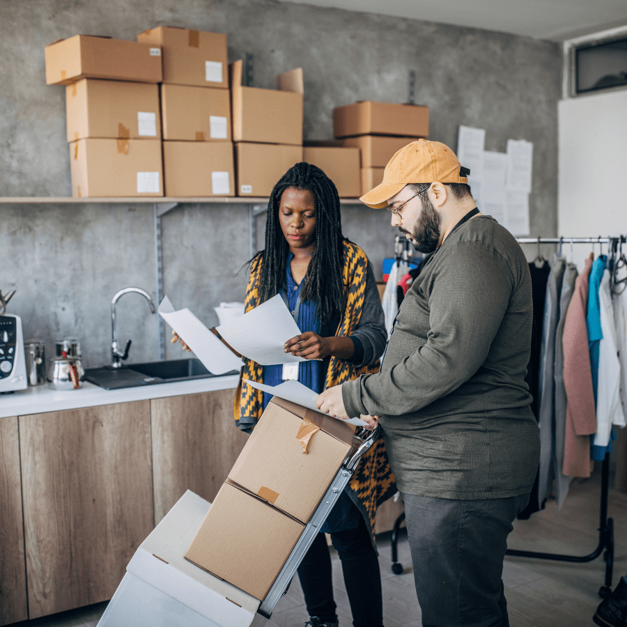 A person reviewing an order sheet in a small warehouse, depicting the operational aspect of dropshipping.