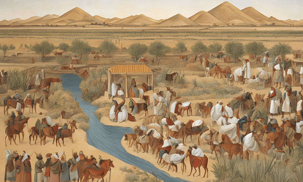 Depiction of trade and daily life in ancient Mesopotamia, featuring a river, people, animals like horses and camels, and a vast agricultural area with fields, trees, and mountains in the distance.