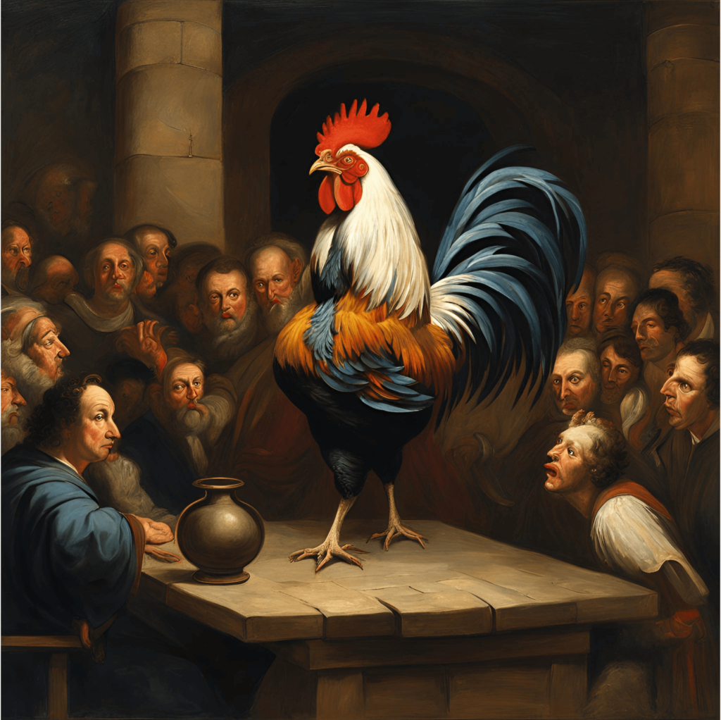 "Illustration of a medieval courtroom scene with a rooster on trial, highlighting the unique and bizarre history of animal trials in the Middle Ages.