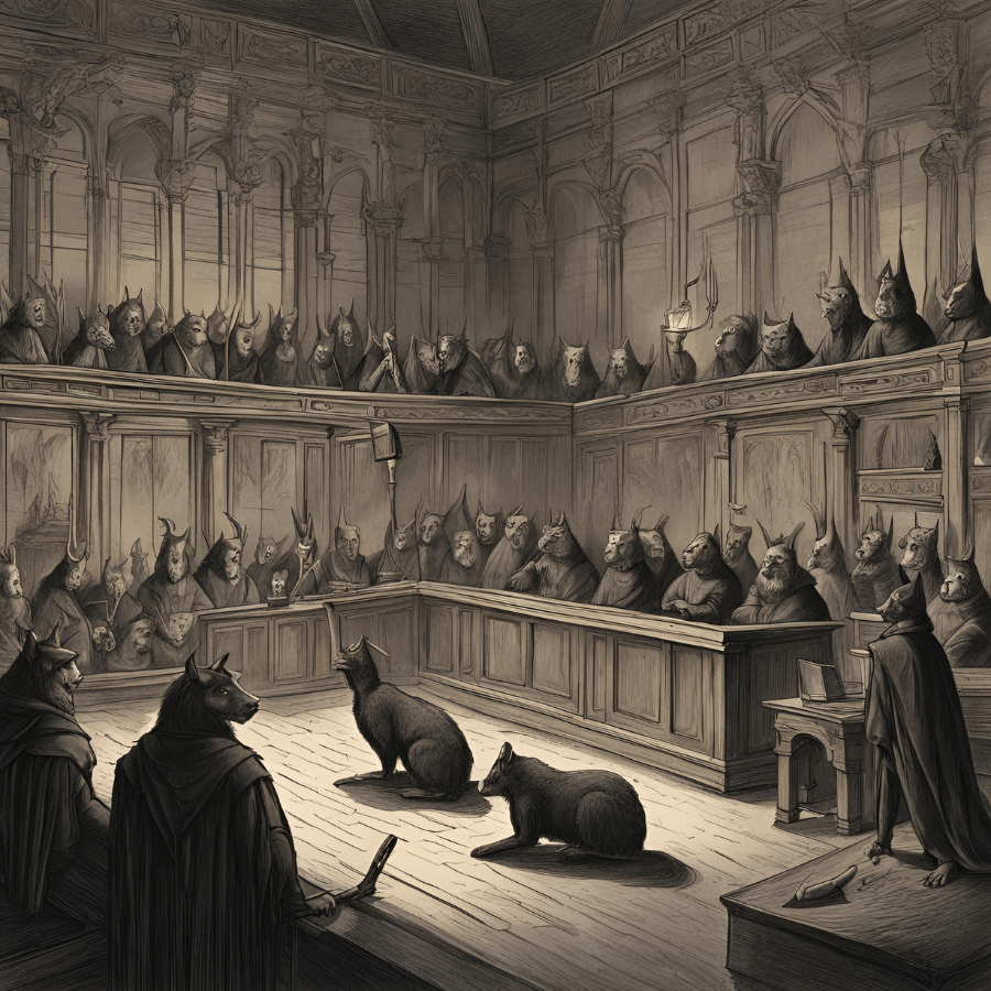 "Illustration of anthropomorphic animals in a medieval courtroom, with animals on trial, highlighting the bizarre and fascinating history of animal trials.