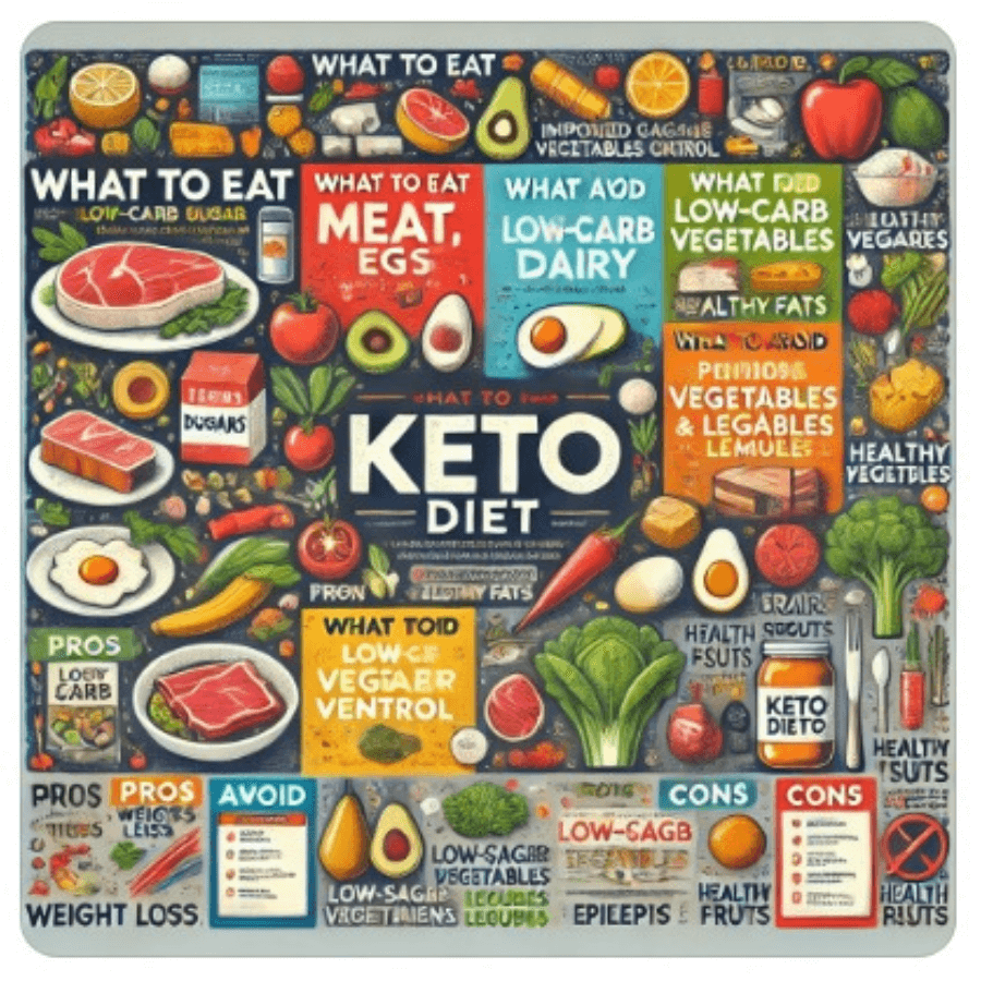 Infographic detailing the Keto Diet, highlighting low-carb foods like avocados, eggs, meats, and vegetables, and listing the pros and cons of the diet.