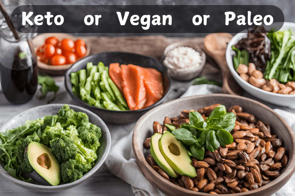 Variety of healthy foods including green vegetables, avocado, nuts, cherry tomatoes, and salmon, arranged in bowls on a table with the text 'Keto or Vegan or Paleo' at the top.