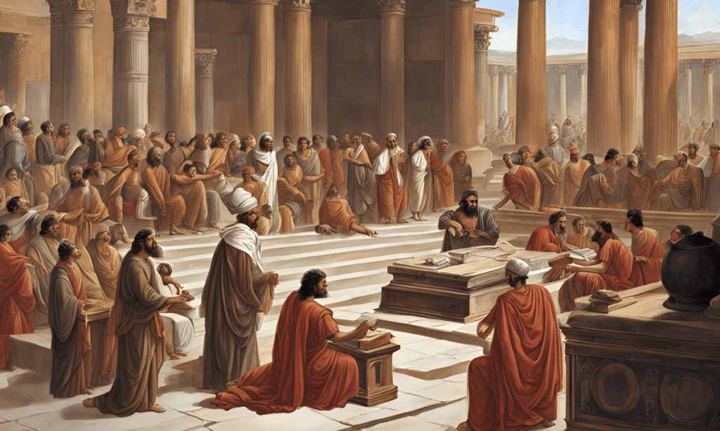 Illustration an ancient Mesopotamian court with a group of people in a grand hall, showing individuals in traditional attire and several judges or scribes discussing documents, highlighting the formal nature of the judicial system.