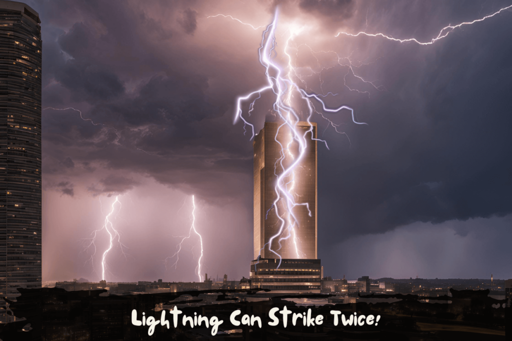 Lightning bolts striking a tall building during a storm, with multiple lightning strikes illuminating the cityscape in the background.