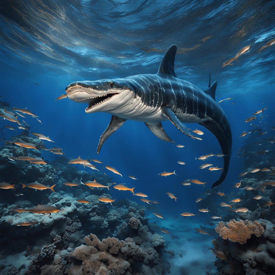 Illustration of the prehistoric marine reptile Liopleurodon gliding through ancient ocean waters, surrounded by fish and other sea creatures.