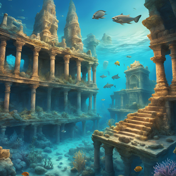 Underwater ruins of an ancient city with grand columns, arches, and staircases, covered in marine growth and surrounded by various fish and marine life representing the lost ancient cities.