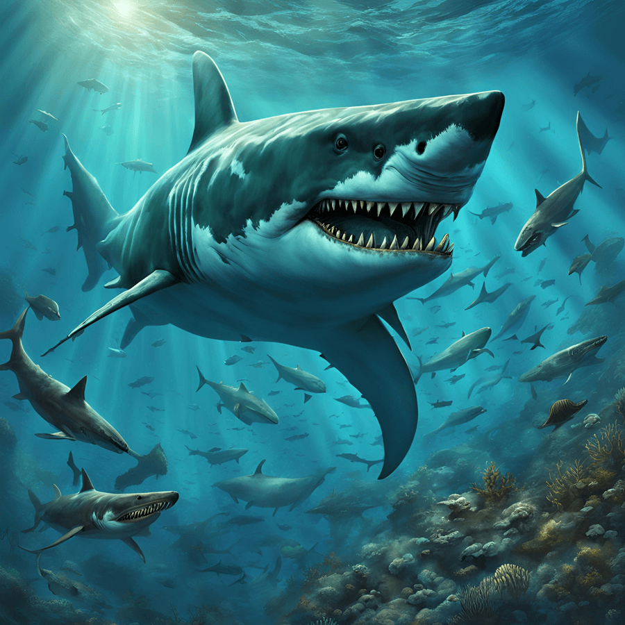 Illustration of the giant prehistoric shark Megalodon swimming through ancient ocean waters, surrounded by smaller marine creatures.