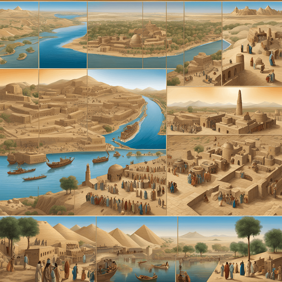 Detailed illustration of Mesopotamian civilization, featuring bustling cities with intricate architecture like ziggurats and temples, rivers with boats, and people engaging in trade, worship, and daily life activities.