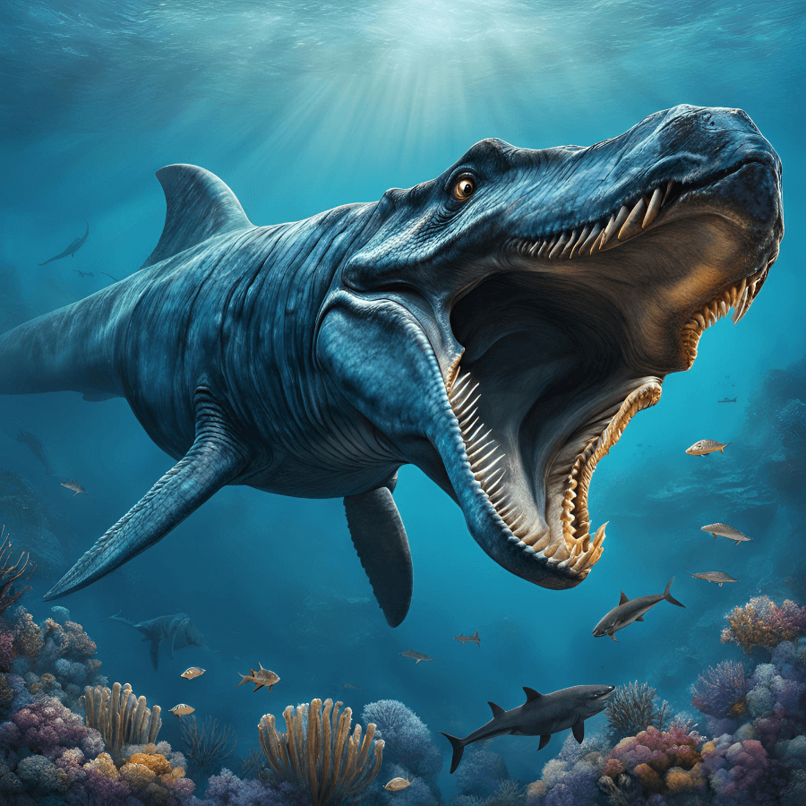 Illustration of the massive prehistoric marine reptile Mosasaurus swimming through ancient ocean depths, surrounded by smaller sea creatures.