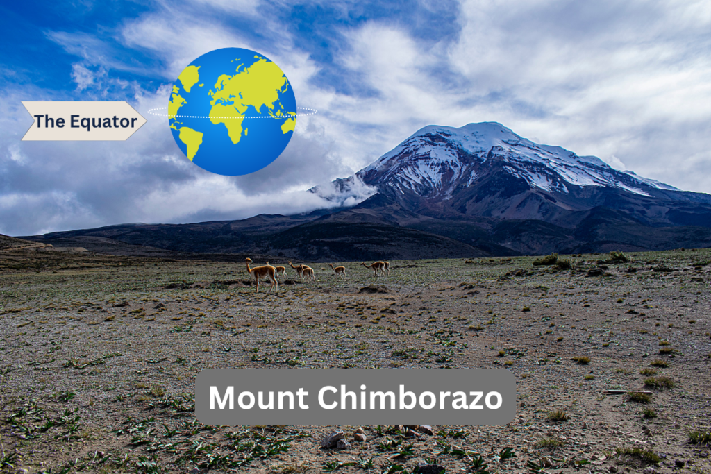 "Mount Chimborazo with snow-covered peaks and grazing animals in the rocky foreground. A globe inset shows the Equator, highlighting Chimborazo's proximity to it.