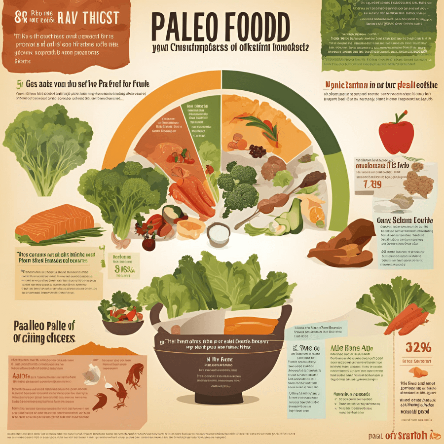 Colorful infographic about the Paleo diet, highlighting recommended foods like vegetables, fruits, meats, and nuts, along with meal ideas and nutritional benefits.