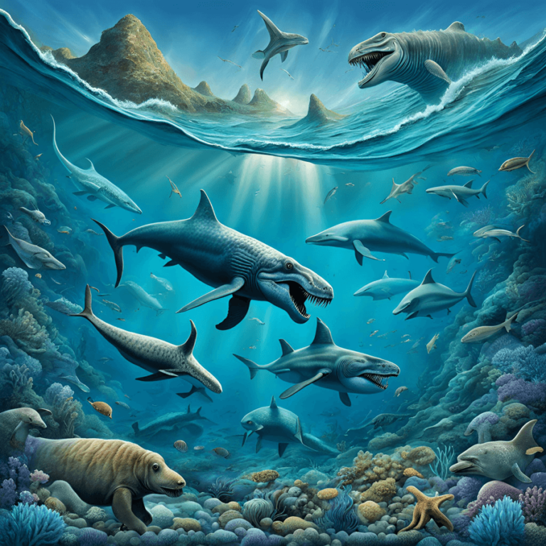 An illustration of prehistoric sea monsters, including large predators like Megalodon, Liopleurodon, and Mosasaurus, swimming among smaller marine creatures in a vast ocean setting.