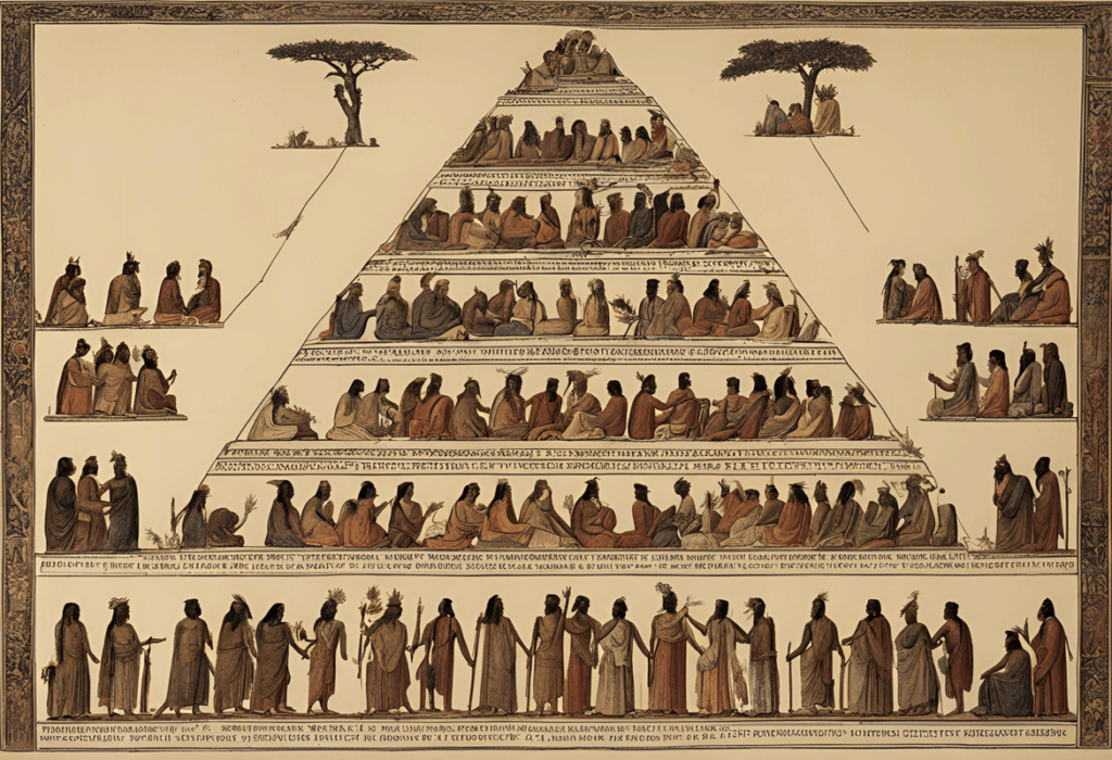 Illustration of the social hierarchy in Mesopotamia, depicted as a pyramid with different levels representing various social classes, from ruling elites at the top to laborers at the bottom, with intricate designs and ancient script framing the image.