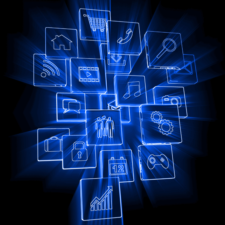 A collection of glowing blue icons representing various social media and digital functions, symbolizing the diverse tools used in social media management.