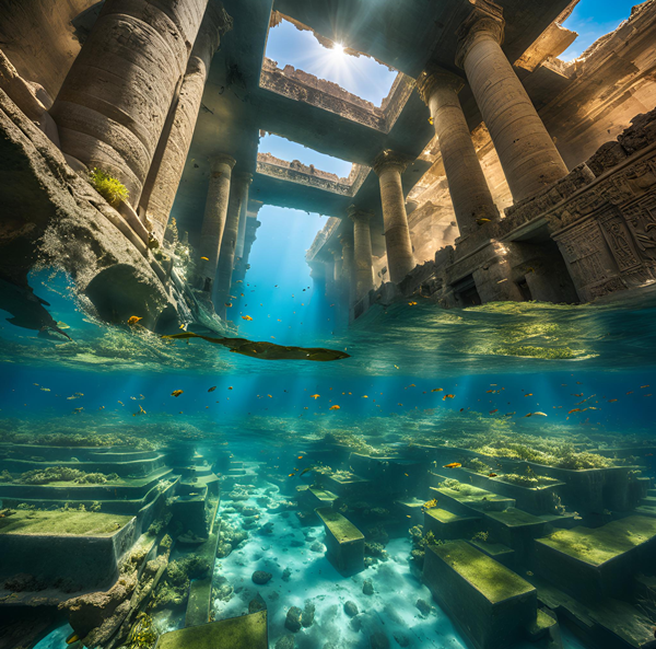 An illustration of the submerged city of Thonis-Heracleion.