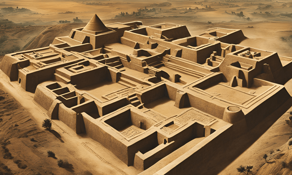 "Artistic reconstruction of an ancient Akkadian cityscape, featuring stepped pyramids, terraces, and intricate stone structures, highlighting the architectural ingenuity of the Akkadian civilization.