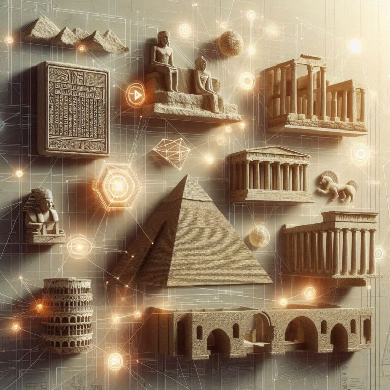 Iconic structures and artifacts from ancient civilizations, including the pyramids, Sphinx, Parthenon, and Colosseum, interconnected with glowing lines and geometric shapes against a grid background, symbolizing the influence of ancient innovations on modern technology.