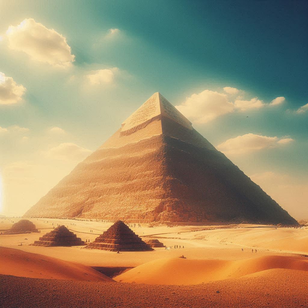 Pyramids of Giza under a clear blue sky with scattered clouds and sand dunes.