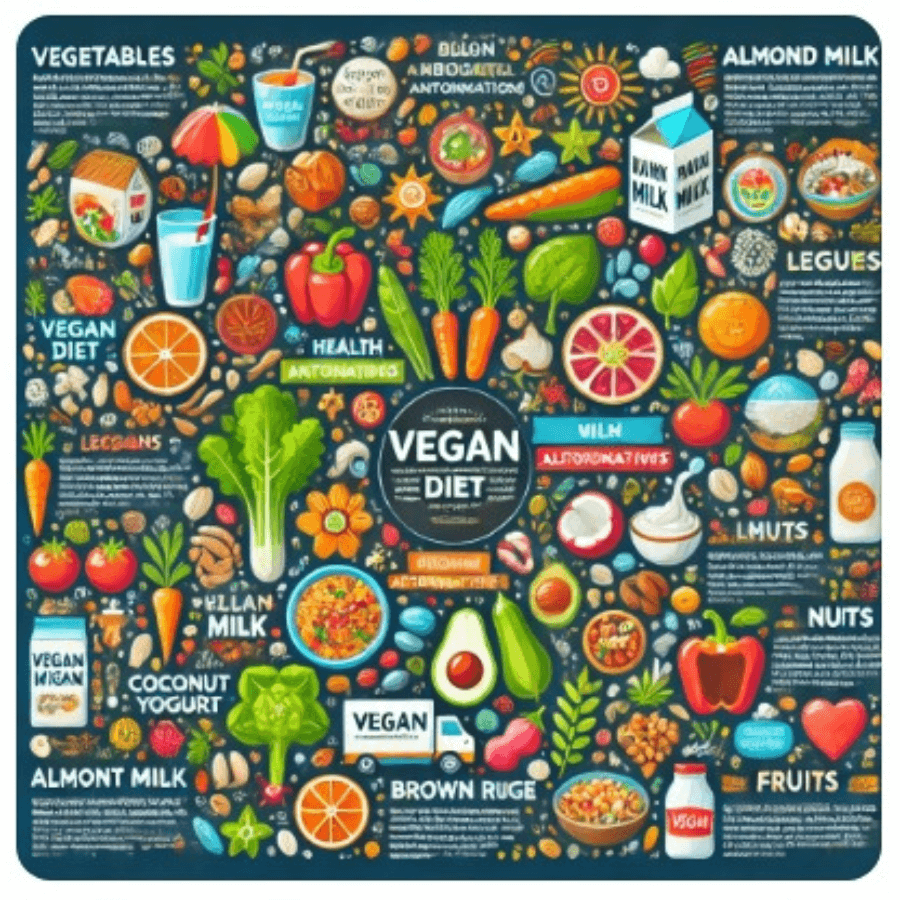 Colorful infographic about vegan diet, highlighting vegetables, fruits, nuts, legumes, and milk alternatives with vibrant illustrations of various food items and their benefits.