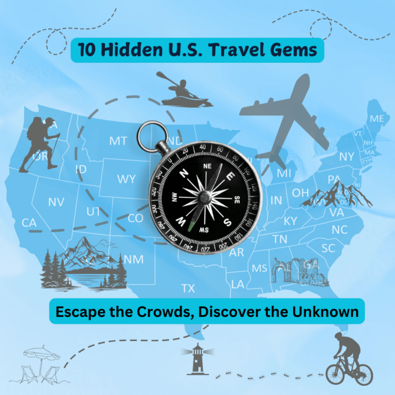 Map of the United States highlighting 10 hidden travel gems with icons for hiking, kayaking, flying, biking, mountains, a beach, a lighthouse, and ruins. Text reads: '10 Hidden U.S. Travel Gems - Escape the Crowds, Discover the Unknown.