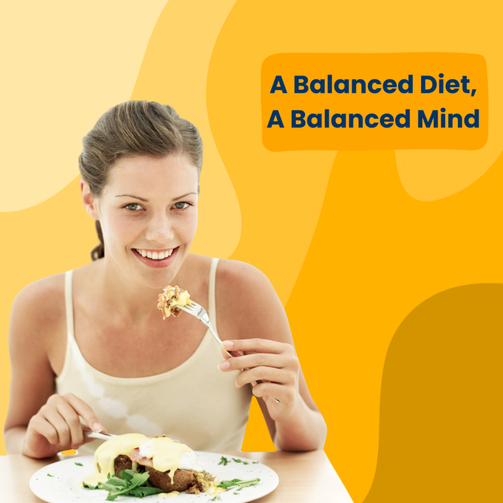 A person eating a meal at a table with a dish of sauce and greens on a white plate. The background is bright yellow with abstract shapes. Text reads: 'A Balanced Diet, A Balanced Mind