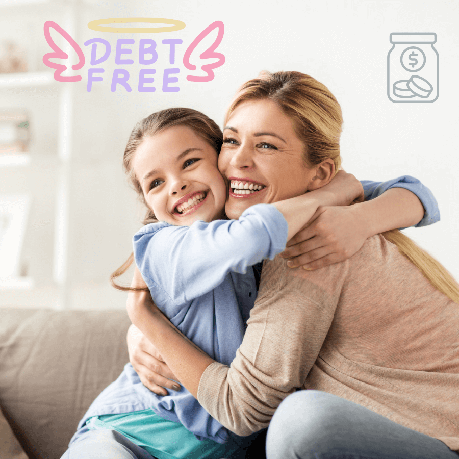 Two people hugging in a home setting with a 'Debt Free' graphic, symbolizing financial freedom.