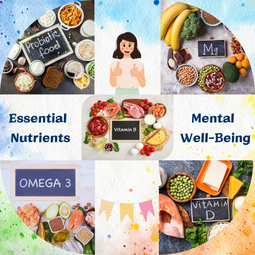 Collage highlighting essential nutrients for mental well-being: probiotics, magnesium, Vitamin B, Omega-3, and Vitamin D