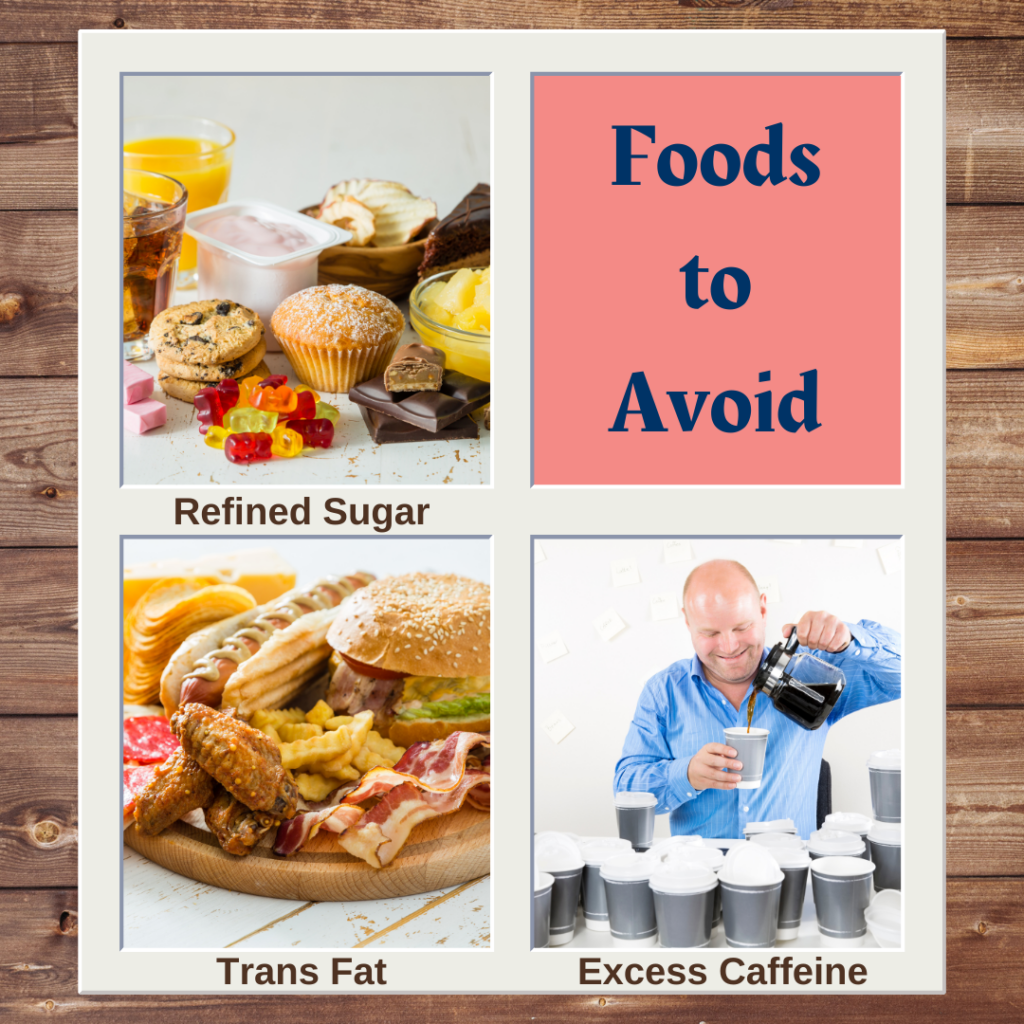 Collage of foods to avoid for better health: refined sugar (cookies, muffins, gummy bears, chocolate, pudding, sugary drinks), trans fat (burgers, fries, bacon, hot dogs, fried chicken), and excess caffeine (multiple coffee cups)