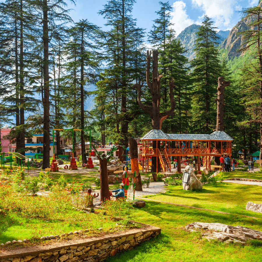 Wooden pavilion in a park with tall pine trees and playground equipment, perfect for local adventures.