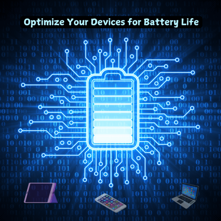 Digital illustration showing a central glowing battery icon surrounded by circuit-like lines, with text 'Optimize Your Devices for Battery Life' at the top and images of a tablet, smartphone, and laptop at the bottom, all set against a binary code background.