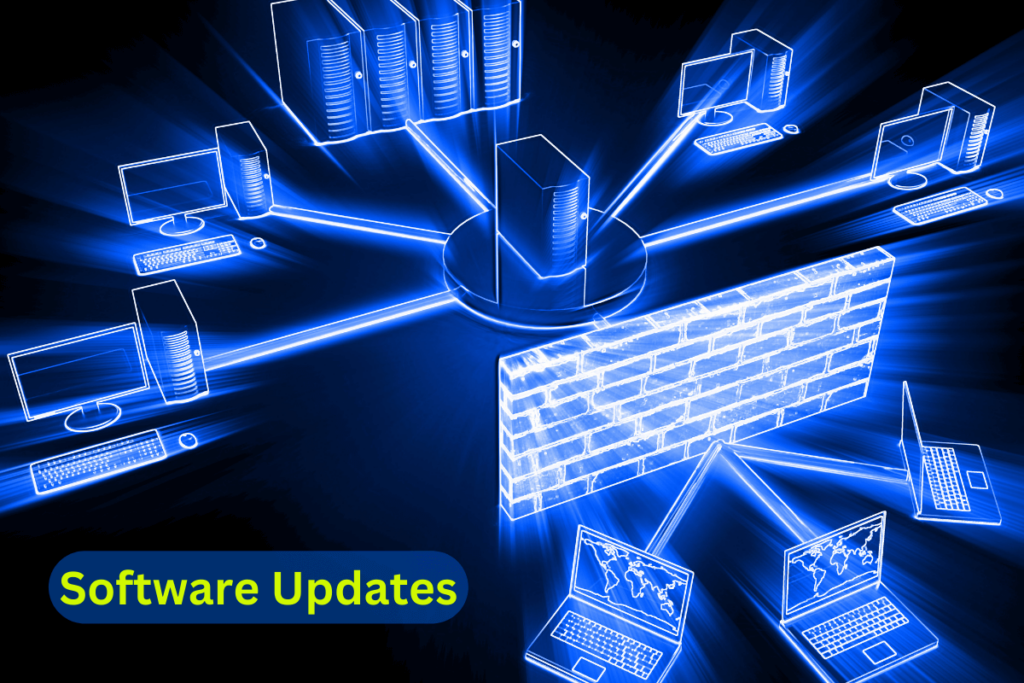 Network infrastructure with computers and servers connected by glowing blue lines, protected by a firewall, suggesting 'Regular Software Updates'.