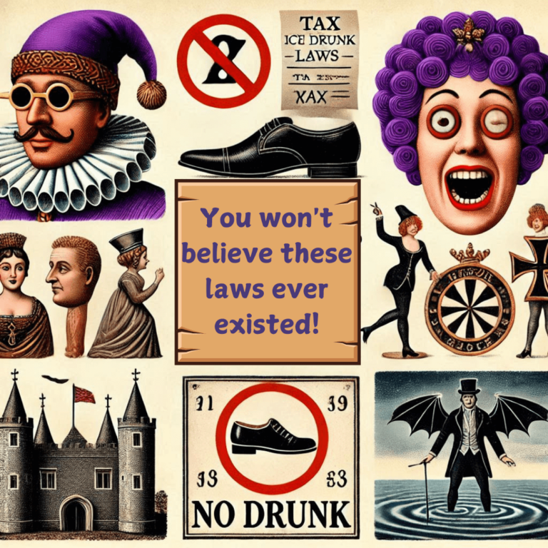 Collage illustrating bizarre historical laws, with central text 'You won't believe these laws ever existed!' surrounded by whimsical imagery of people in historical attire, symbols, and signs reflecting odd laws.