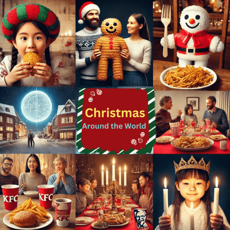 A collage of festive scenes from different cultures celebrating Christmas, featuring unique decorations, traditional foods, and joyful gatherings showing christmas traditions around the world.