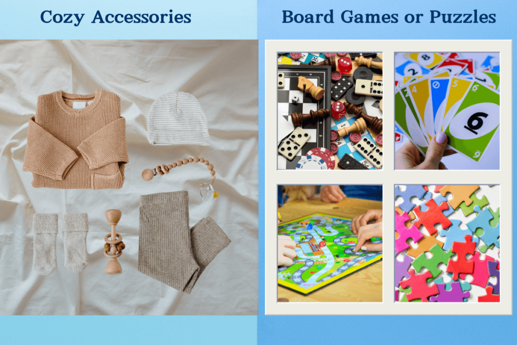 "An image showing two gift ideas: Cozy Accessories featuring items like a knit sweater, beanie, socks, and ribbed pants, and Board Games or Puzzles with images of various board game pieces, colorful cards, and jigsaw puzzle pieces.