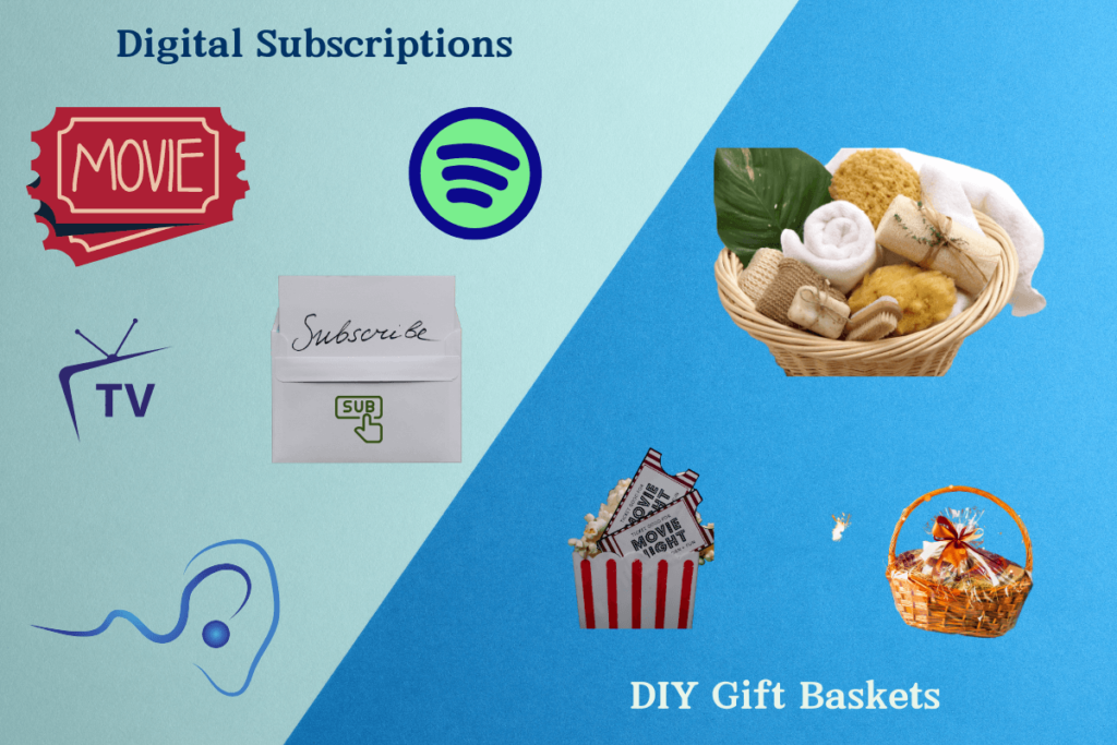 An image showing two gift ideas: digital subscriptions represented by icons like a movie ticket and Spotify logo, and DIY gift baskets featuring spa items and movie night essentials.