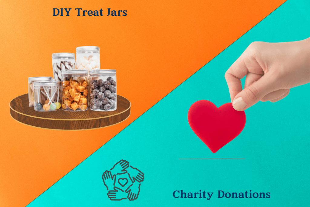 An image showing two gift ideas: DIY treat jars filled with various candies and snacks, and a hand holding a red heart to symbolize charity donations.