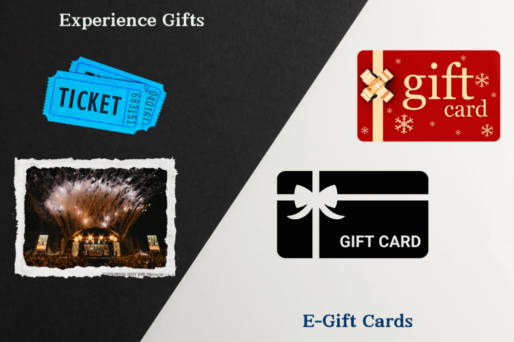 An image showcasing two types of gift ideas: 'Experience Gifts' with a pair of tickets and a concert crowd, and 'E-Gift Cards' featuring festive gift cards with ribbons