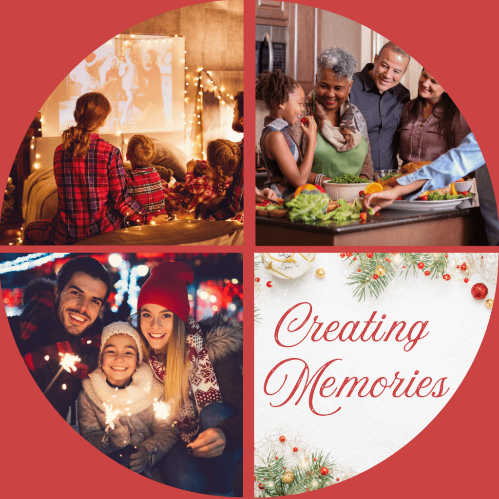 Three families showing different Christmas scenes: a family watching a movie, a family preparing food, a family with sparklers, a message with the text 'Creating Memories