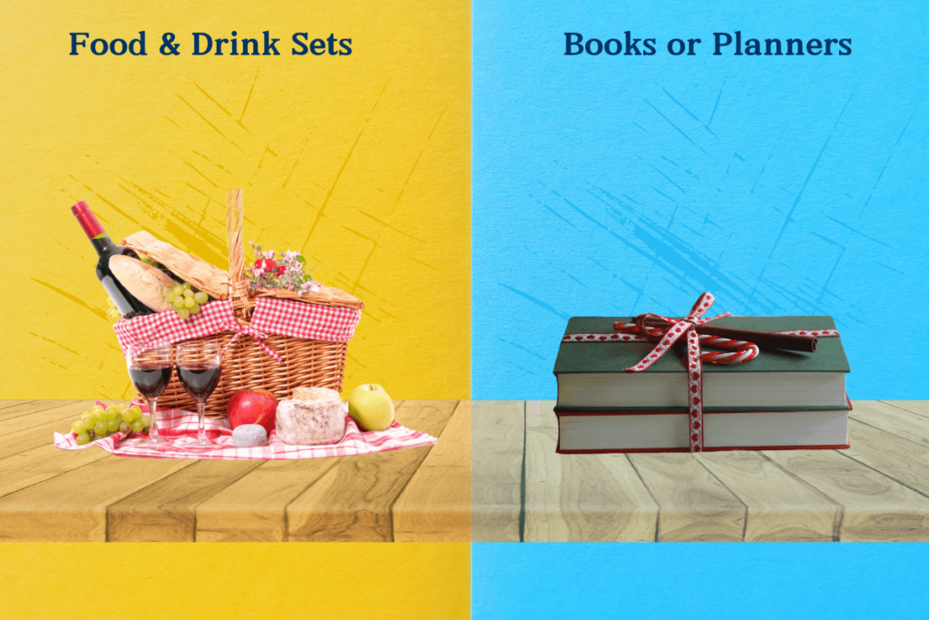 An image displaying two gift ideas: Food & Drink Sets featuring a picnic basket with wine, cheese, grapes, and bread, and Books or Planners represented by a stack of three books tied with a ribbon