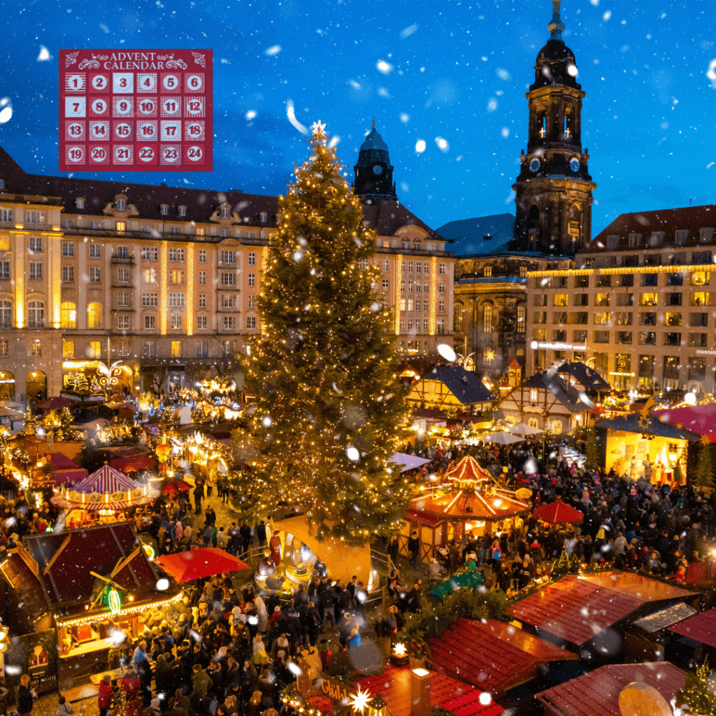 Bustling Christmas market in Germany, featuring festive stalls, an illuminated Christmas tree, and an advent calendar display