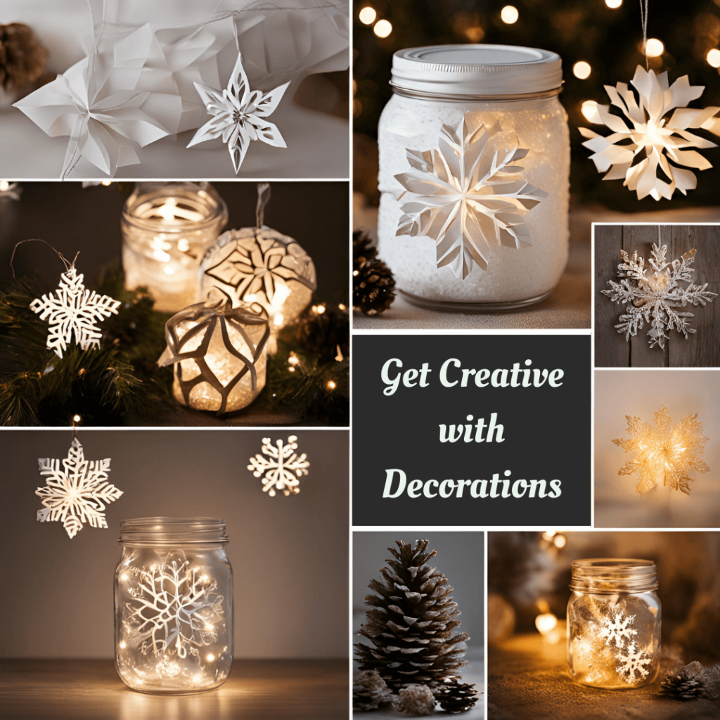 A festive collage of Christmas and winter-themed decorations, featuring snowflakes, jars filled with lights, a pine cone, and a glowing ornament. The central text reads 'Get Creative with Decorations.