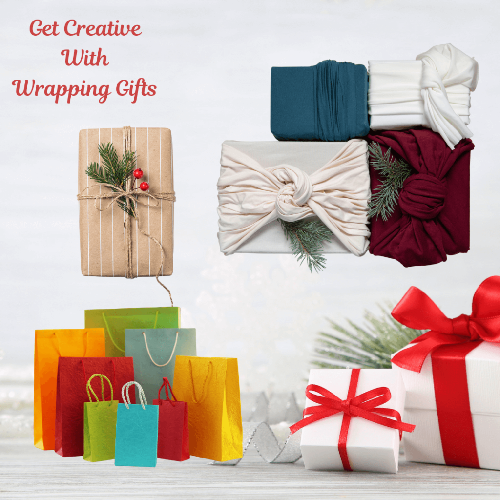 A variety of creatively wrapped gifts, including one in brown paper with white stripes, decorated with evergreen sprigs and red berries, and others wrapped in fabric with unique knots. The image includes the text 'Get Creative With Wrapping Gifts' in red at the top left